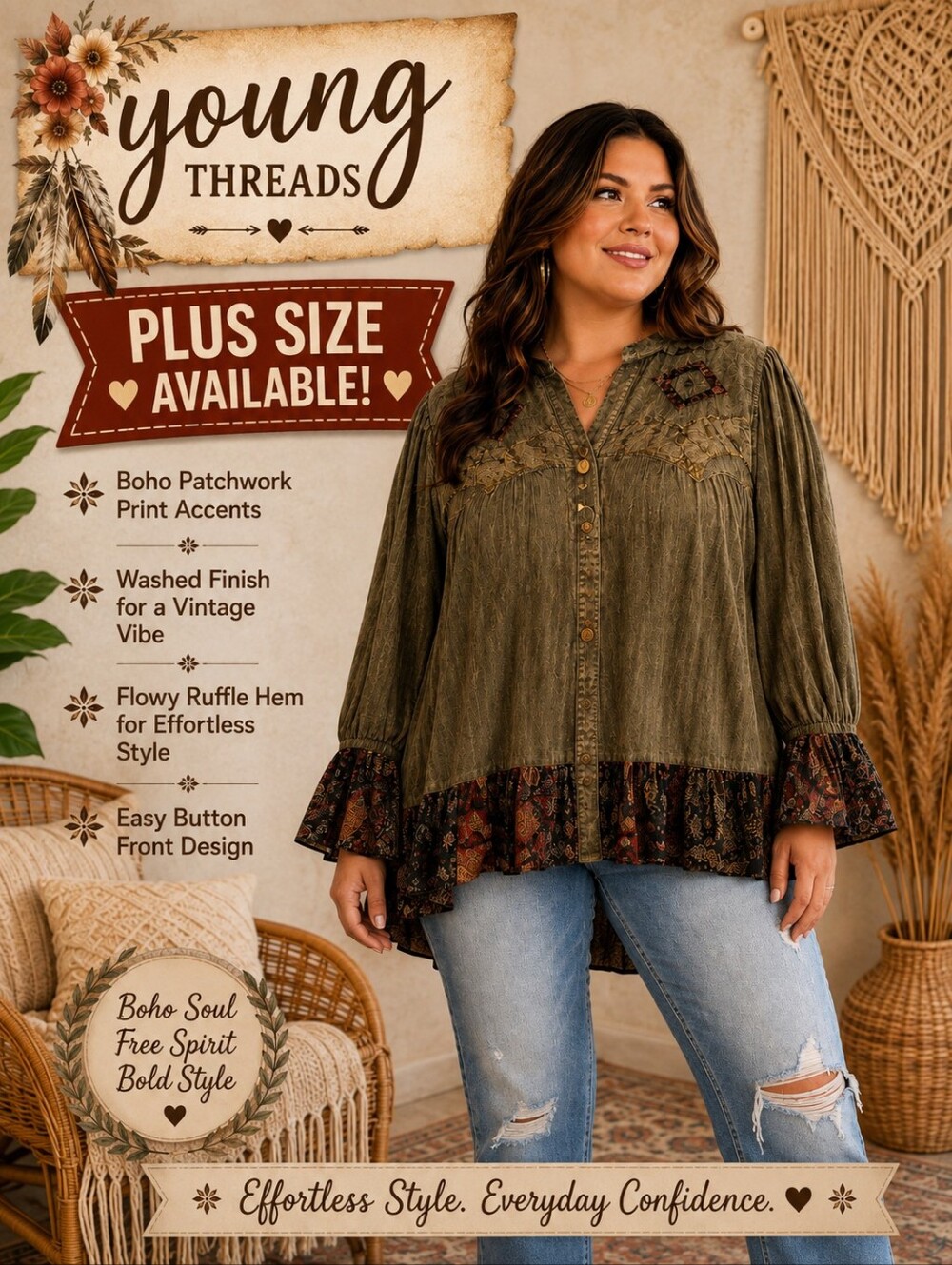 134 Young Threads Olive Button-Front Boho Patchwork Tunic